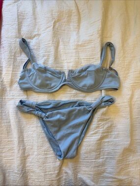 Blue Ribbed Underwire Bikini Set - Women's Swim